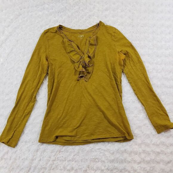 Ann Taylor Loft medium Olive green ruffle neck long sleeve button blouse - Picture 1 of 5
